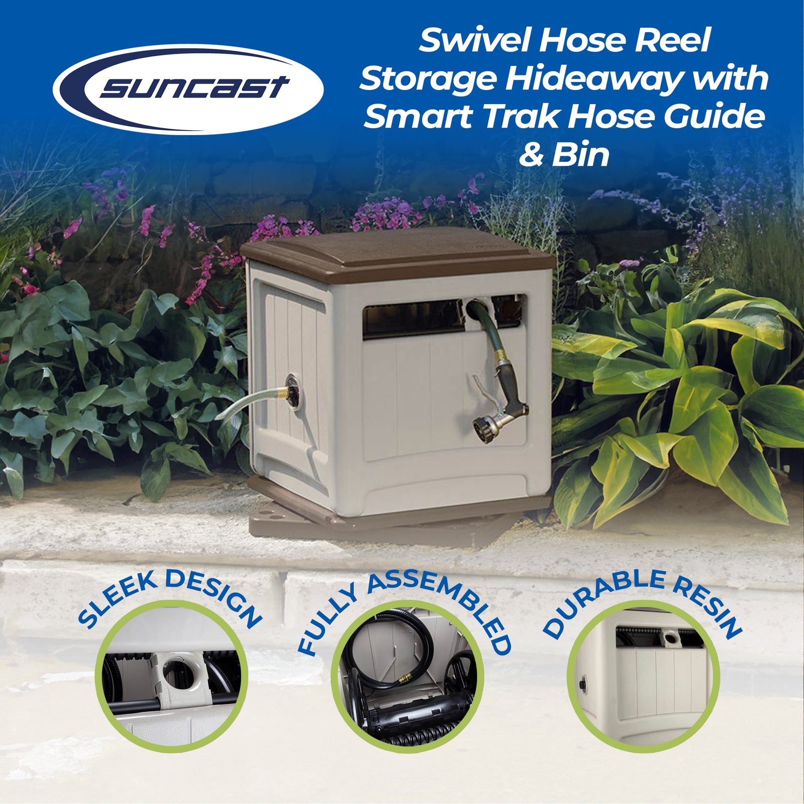 Suncast Swivel Hose Reel Storage Hideaway w/Smart Trak Hose Guide & Bin (2 Pack) - VMInnovations