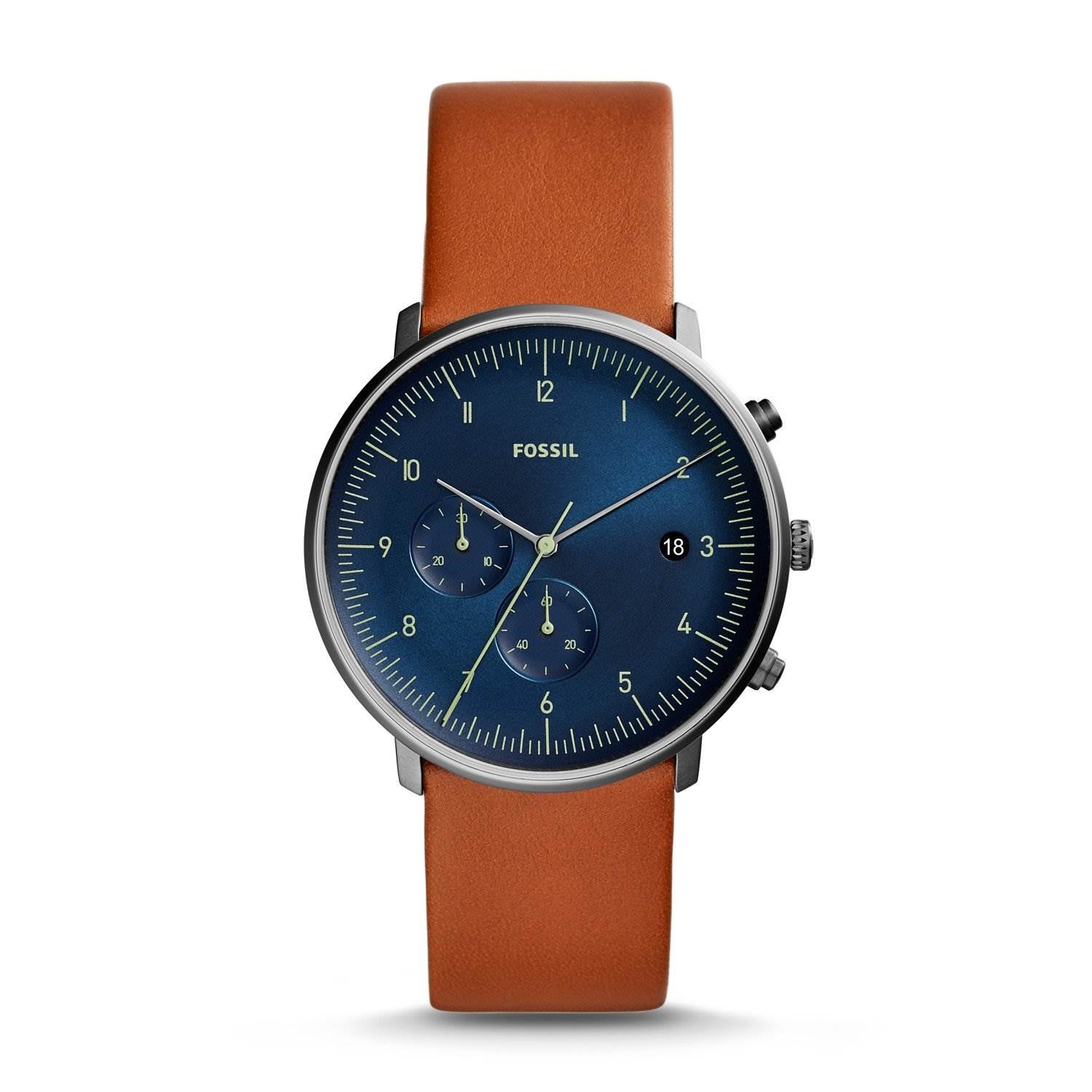 Fossil Chase Time Chronograph 3 Hand Mens Leather Watch with Blue Face (Used)