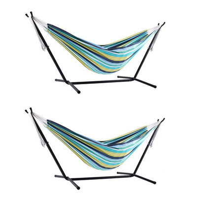 Vivere Double Cotton Outdoor Indoor Backyard Lawn Patio Hammock & Stand (2 Pack)