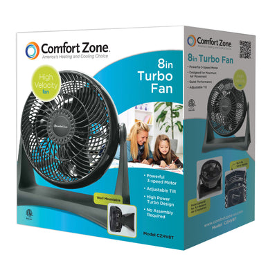 Comfort Zone 8-Inch 3 Speed Compact Inside Home Turbo Fan, Black (Open Box)