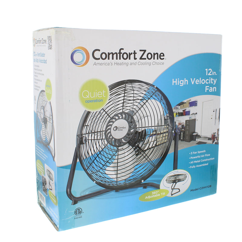 Comfort Zone 12" High Velocity 3 Speed 180 Degree Adjustable Cradle Fan, Black