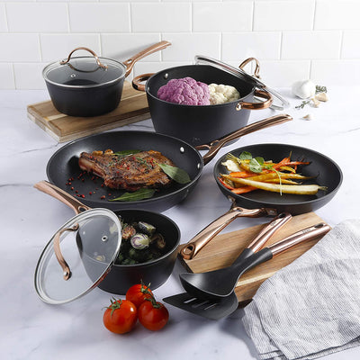 Oster Allsberg Non Stick Aluminum 10 Piece Cookware Set w/ Rose Gold Handles - VMInnovations