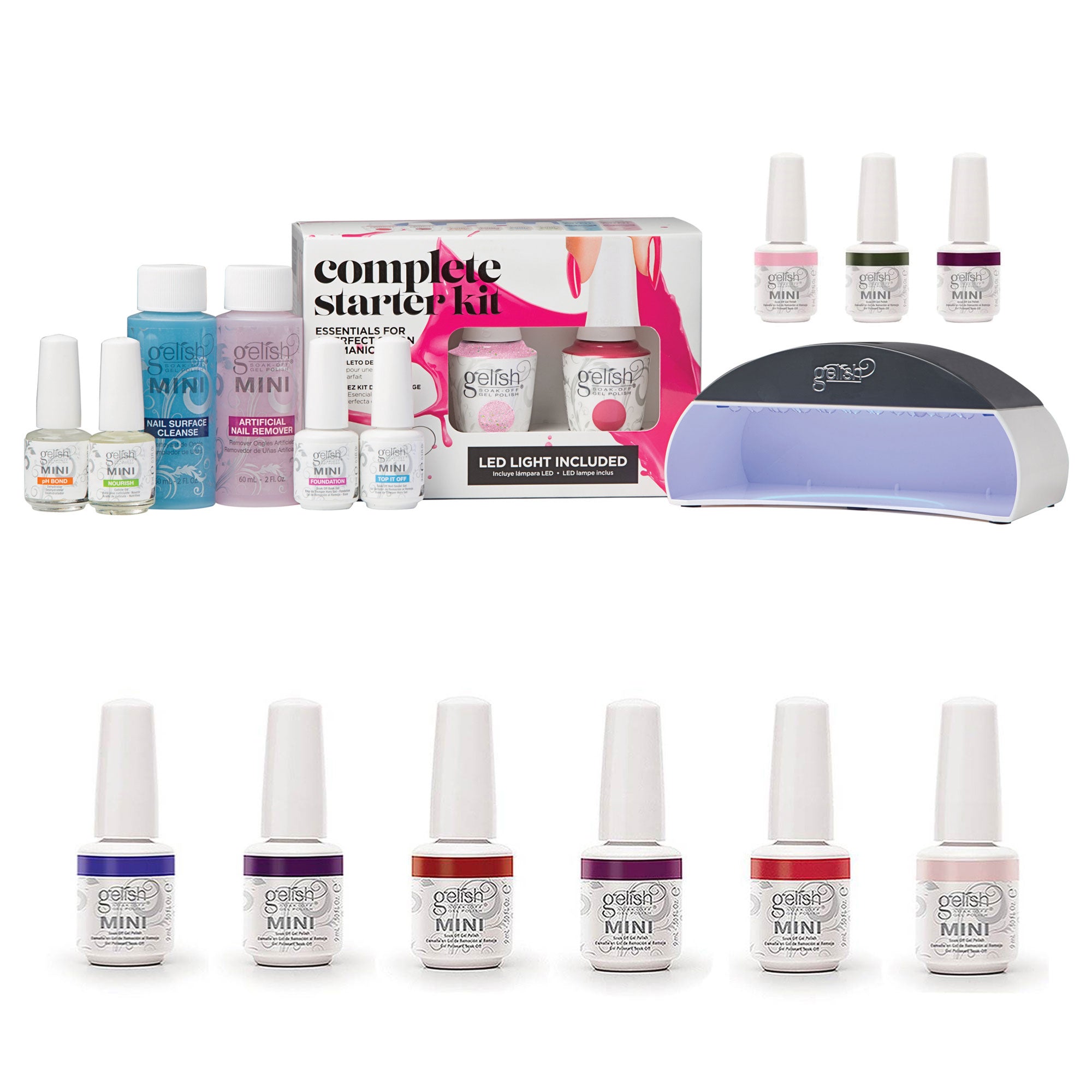 Gelish Mini Soak Off Gel Nail Polish Starter Kit with 11 Gel Colors & LED Light