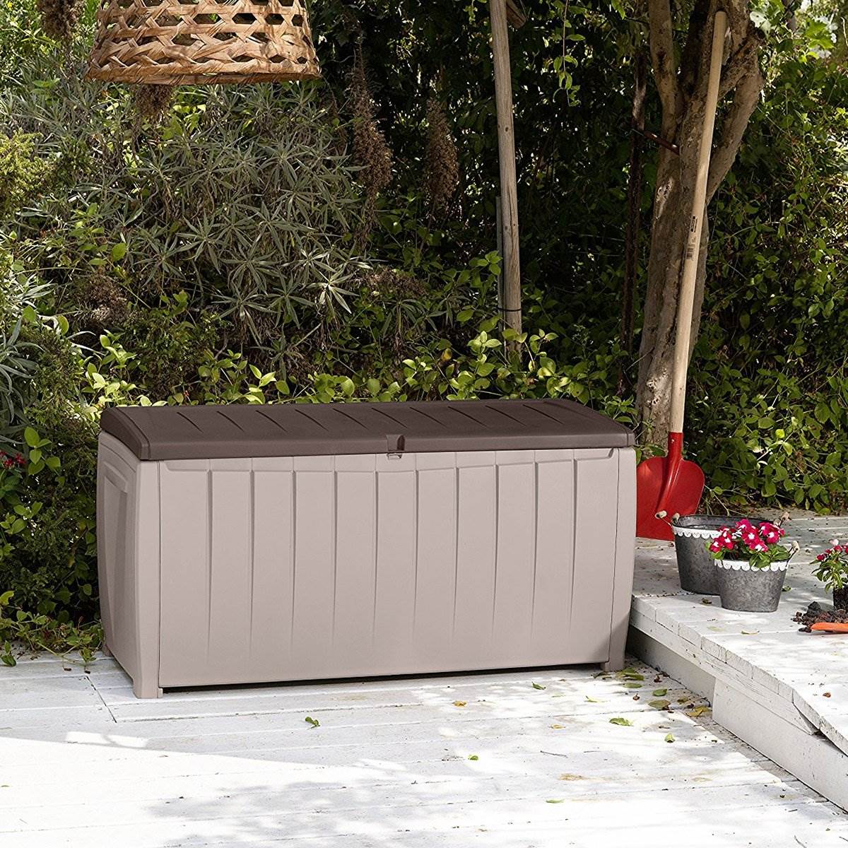 Keter Novel 90 Gallon Weather Resistant Outdoor Storage Box and Bench (2 Pack)