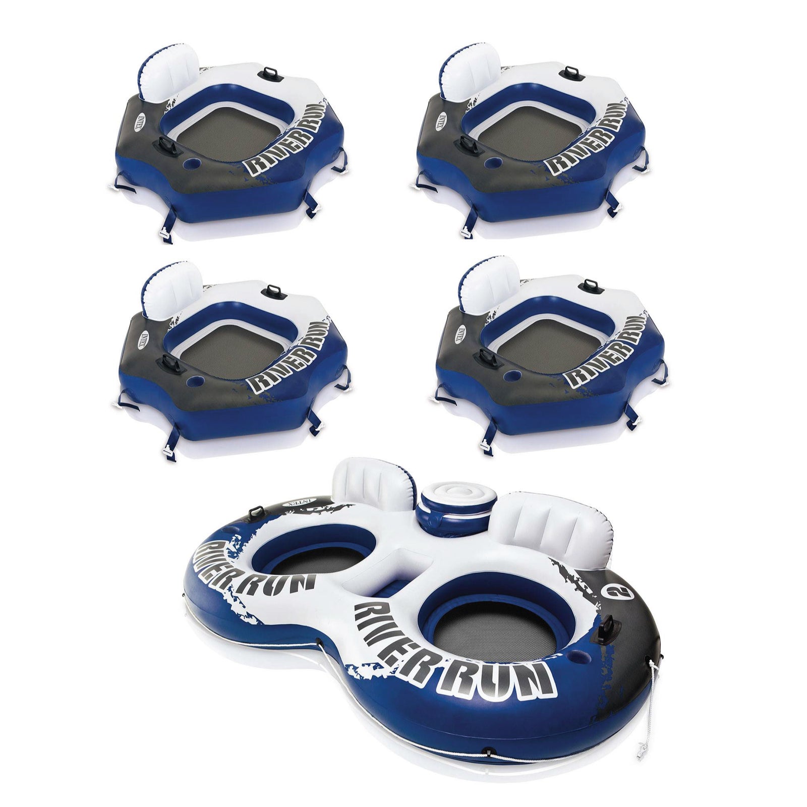 INTEX River Run Connect Inflatable Water Raft (4 Pack) + 2 Person Cooler Tube - VMInnovations