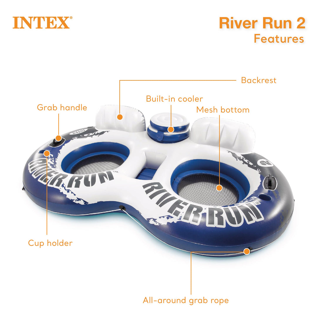 INTEX River Run Connect Inflatable Water Raft (4 Pack) + 2 Person Cooler Tube