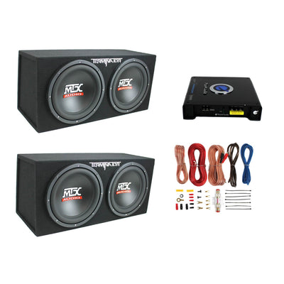 1500W Mono Amplifier, 12" 1200W Sub Box (2 Pack) & Soundstorm 8-Gauge Wire Kit