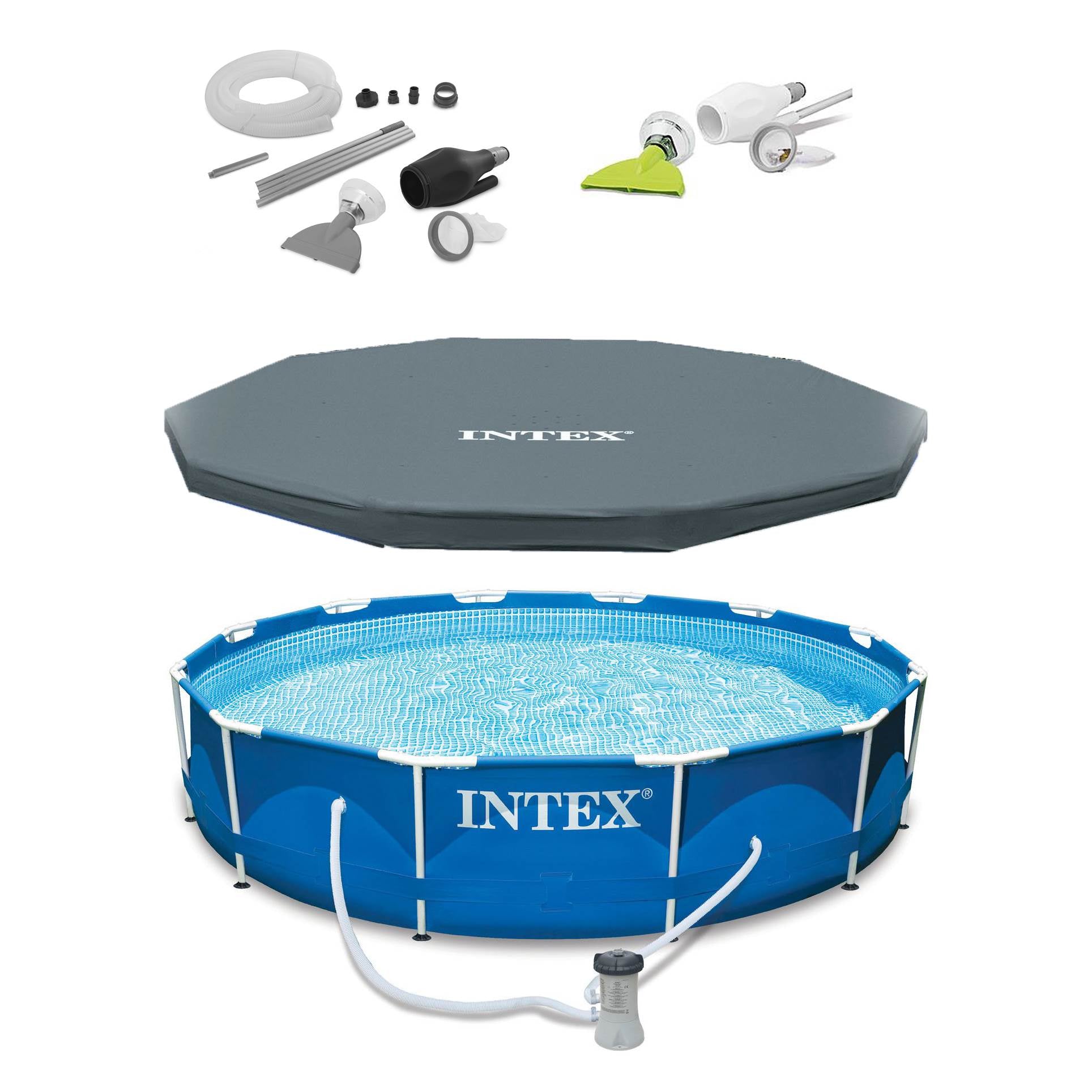 Intex 12' x 30" Metal Frame Set Above Ground Swimming Pool, Filter, Cover, & Vac