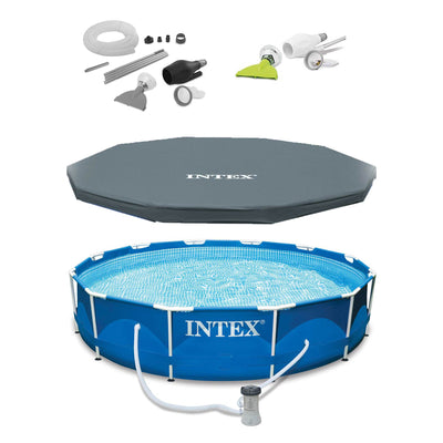 Intex 12' x 30" Metal Frame Set Above Ground Swimming Pool, Filter, Cover, & Vac