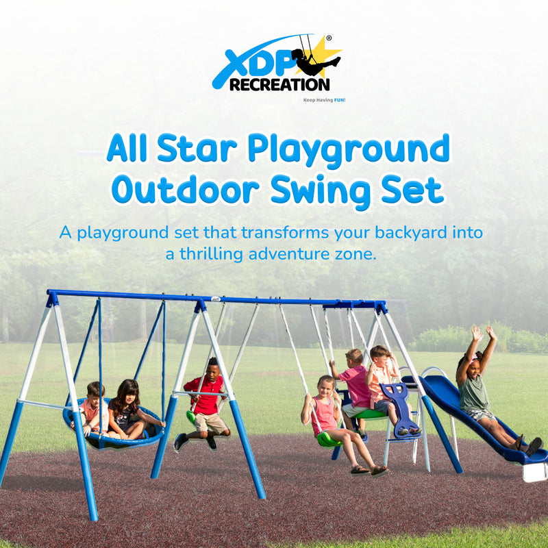 XDP Recreation All Star Playground Outdoor Swing Set, Rider, Super Disc & Slide