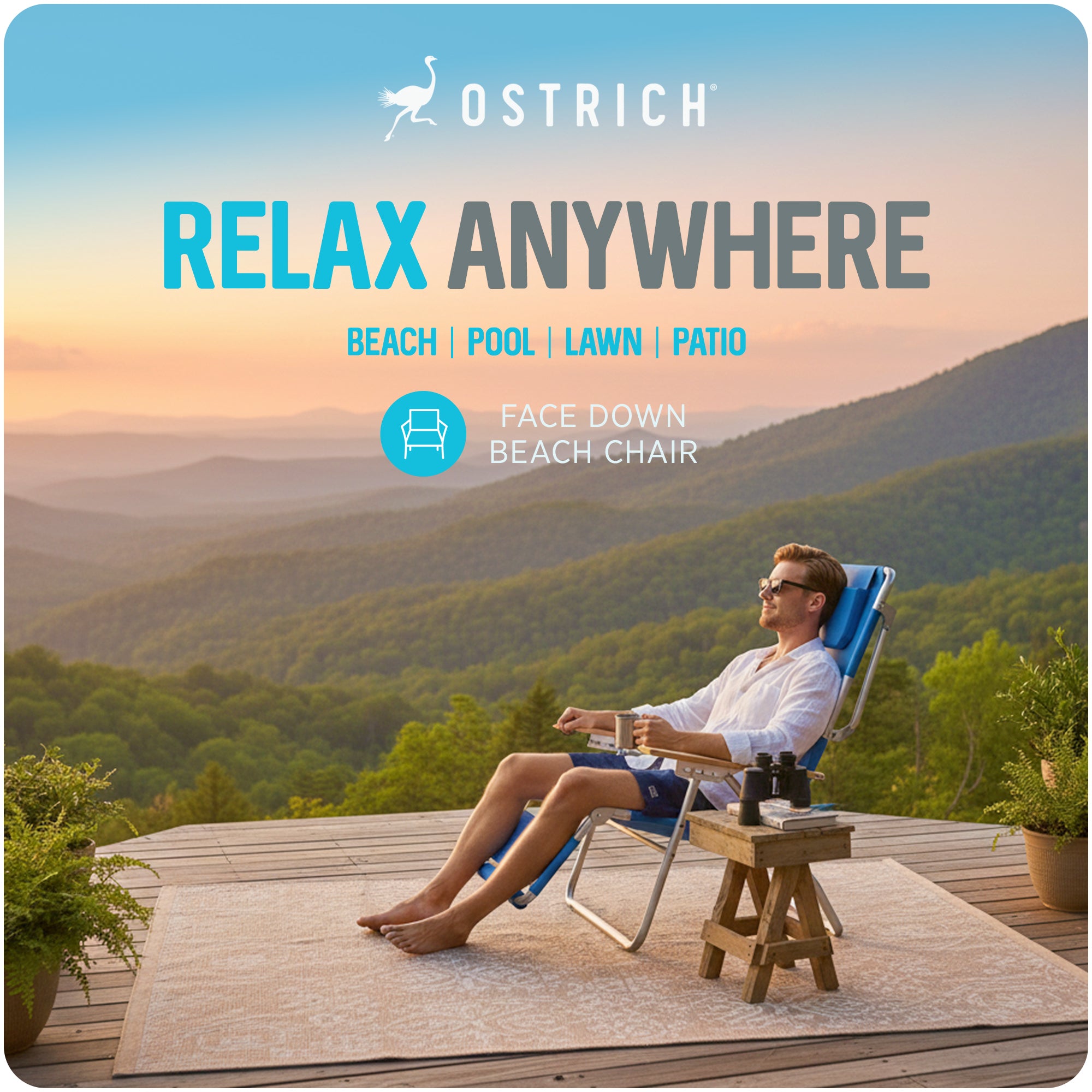 Ostrich Original 3N1 Outdoor Beach Lounge Chair with Footrest, Blue (Used)