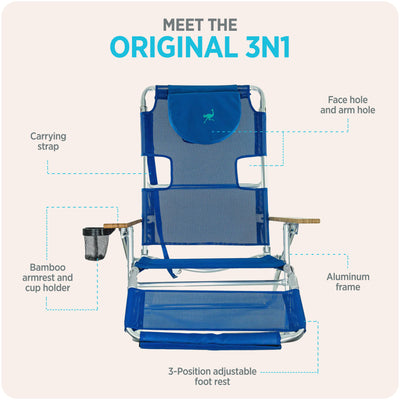Ostrich Original 3N1 Outdoor Beach Lounge Chair with Footrest, Blue (Used)