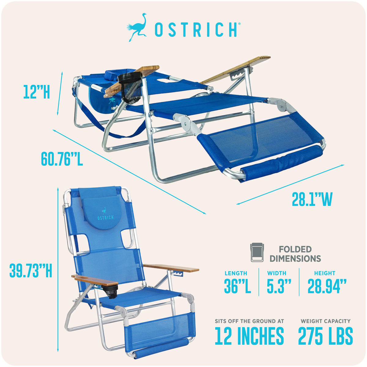 Ostrich 3 N 1 Aluminum Frame 5 Position Reclining Beach Chair, Blue (Damaged)