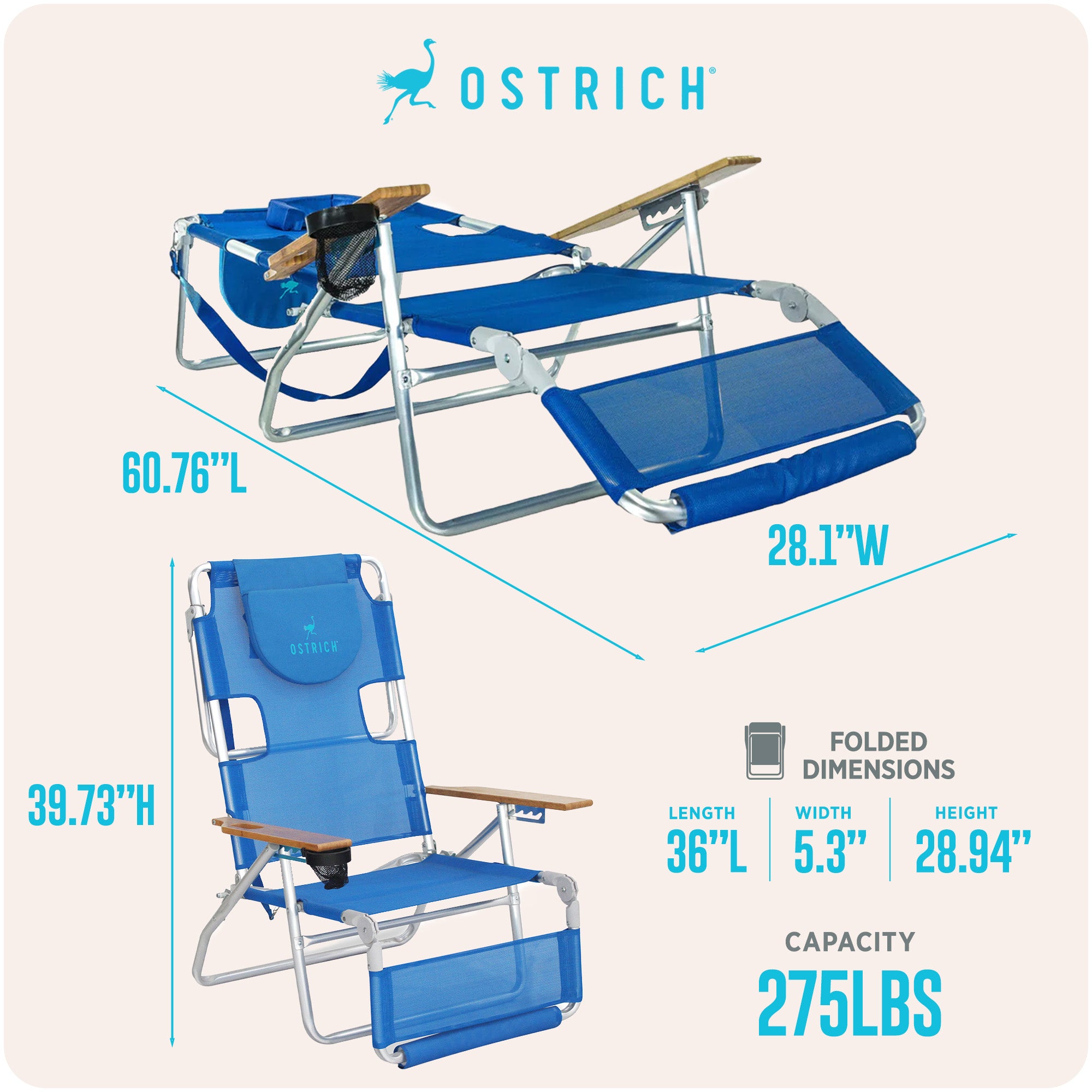 Ostrich Original 3N1 Outdoor Beach Lounge Chair with Footrest, Blue (Used)