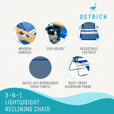Ostrich Original 3N1 Lightweight Outdoor Beach Lounge Chair with Footrest, Blue