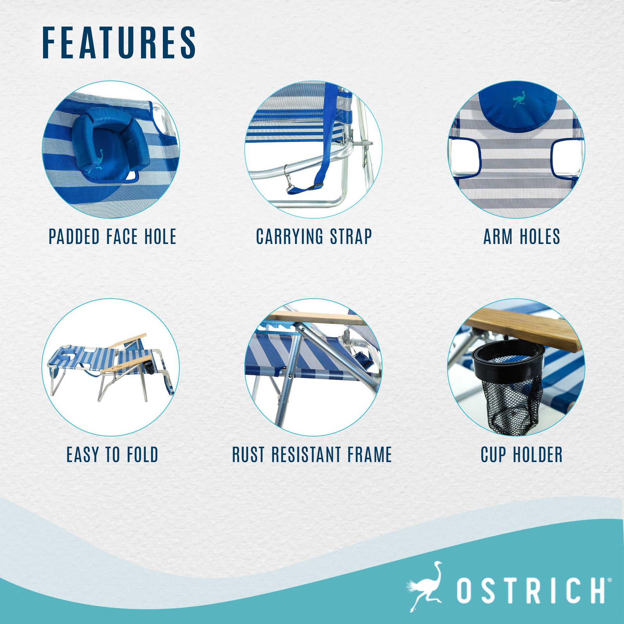 Ostrich 3 N 1 Aluminum 5 Position Reclining Beach Chair, Striped (3 Pack)