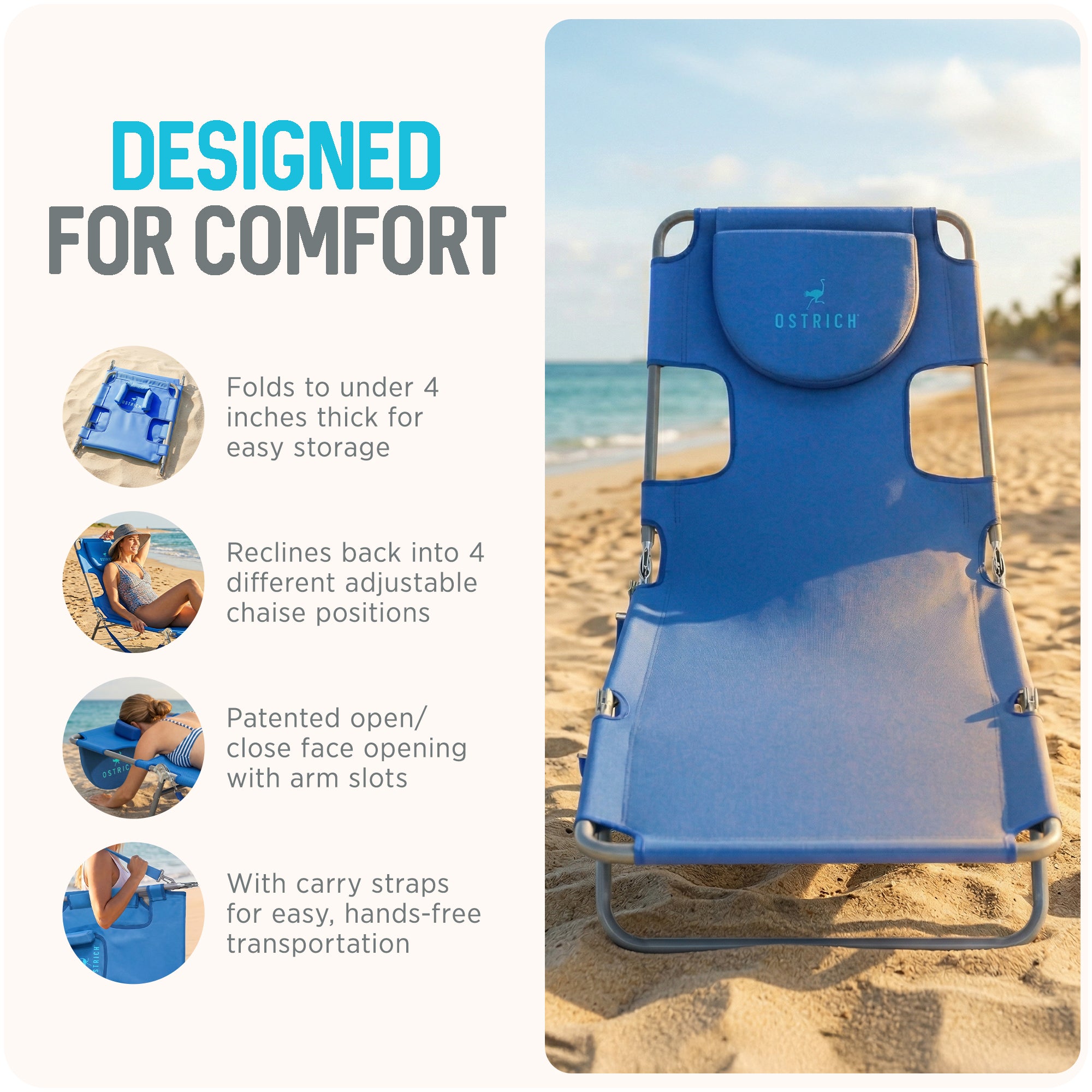 Ostrich Chaise Lounge, Facedown Beach Camping Pool Tanning Chair, Blue(Open Box) - VMInnovations