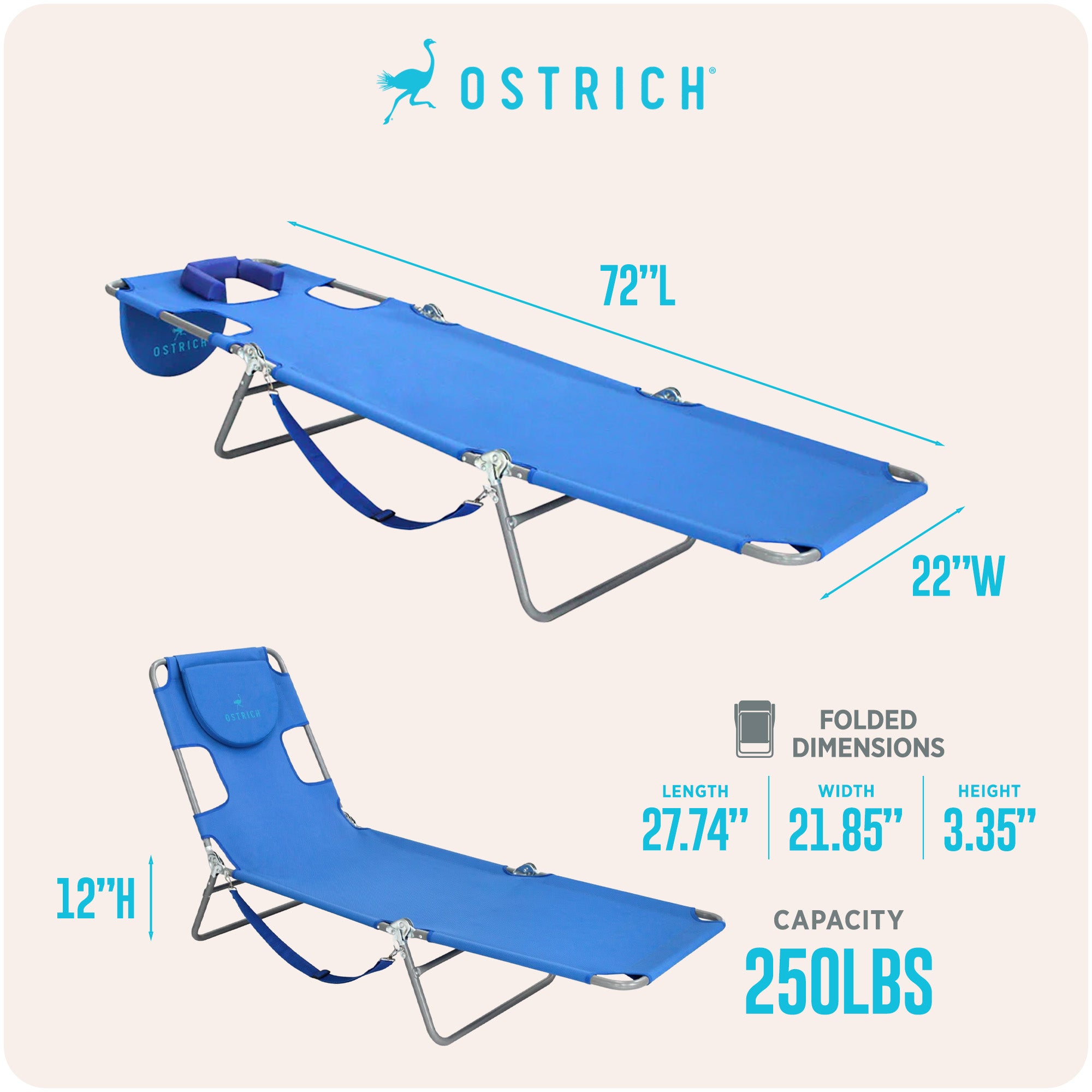 Ostrich Chaise Lounge Folding Portable Poolside Beach Chair (For Parts)