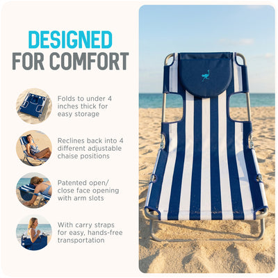 Ostrich Chaise Lounge, Beach Camping Pool Tanning Chair, Blue Stripe (Open Box) - VMInnovations