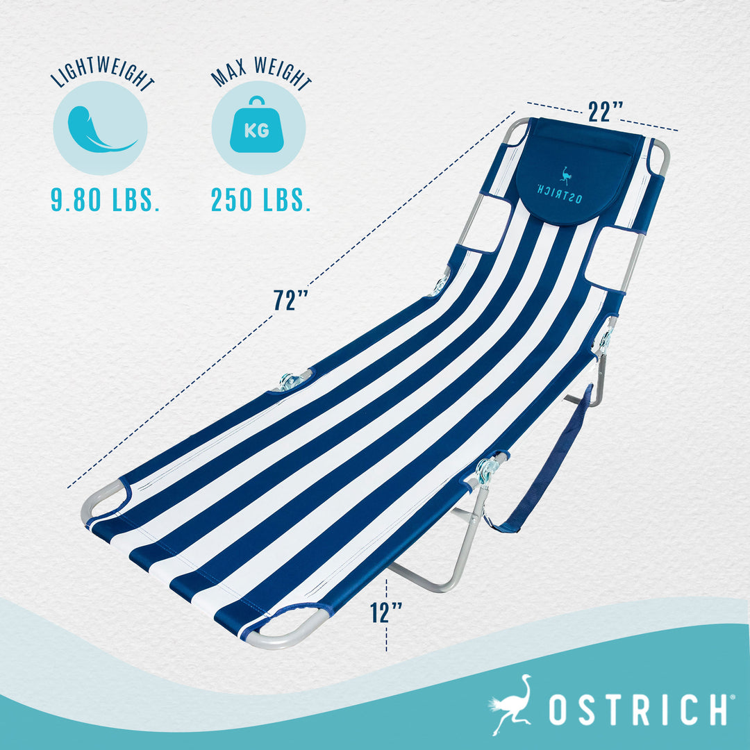 Ostrich Chaise Lounge Folding Sunbathing Beach Chair, Navy Stripes (For Parts)