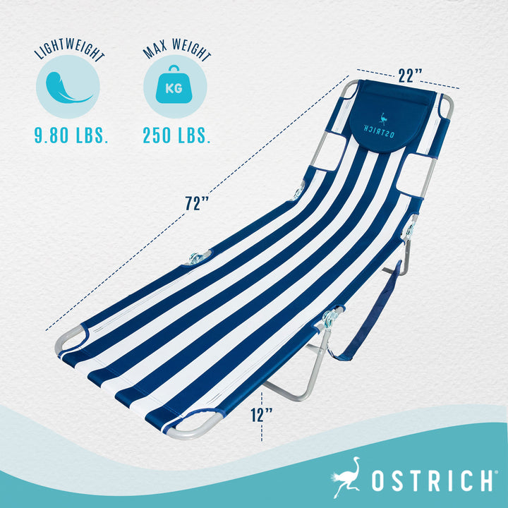Ostrich Chaise Lounge Folding Sunbathing Beach Chair, Navy Stripes (For Parts)