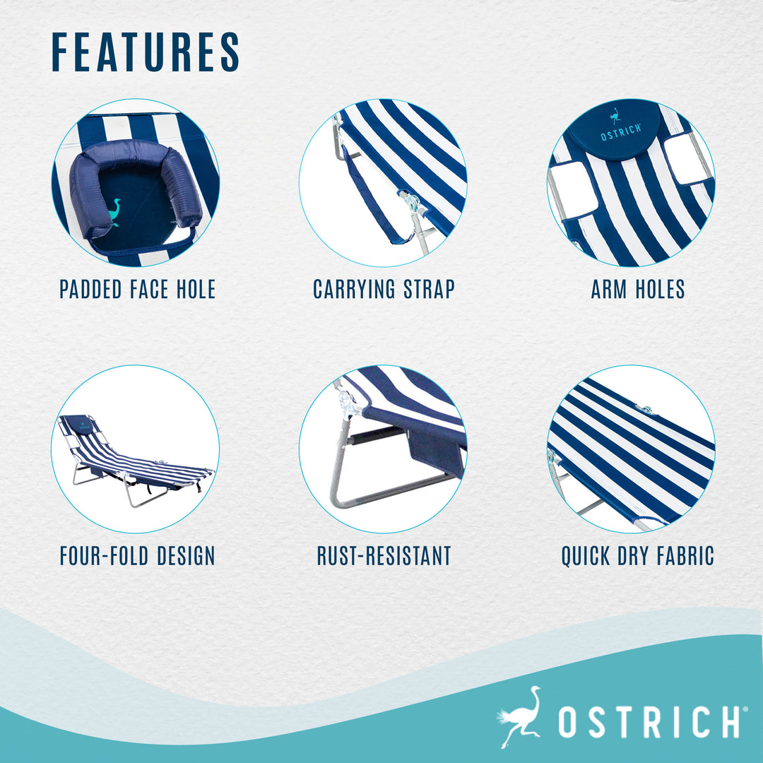 Ostrich Chaise Lounge Folding Sunbathing Beach Chair, Navy Stripes (For Parts)