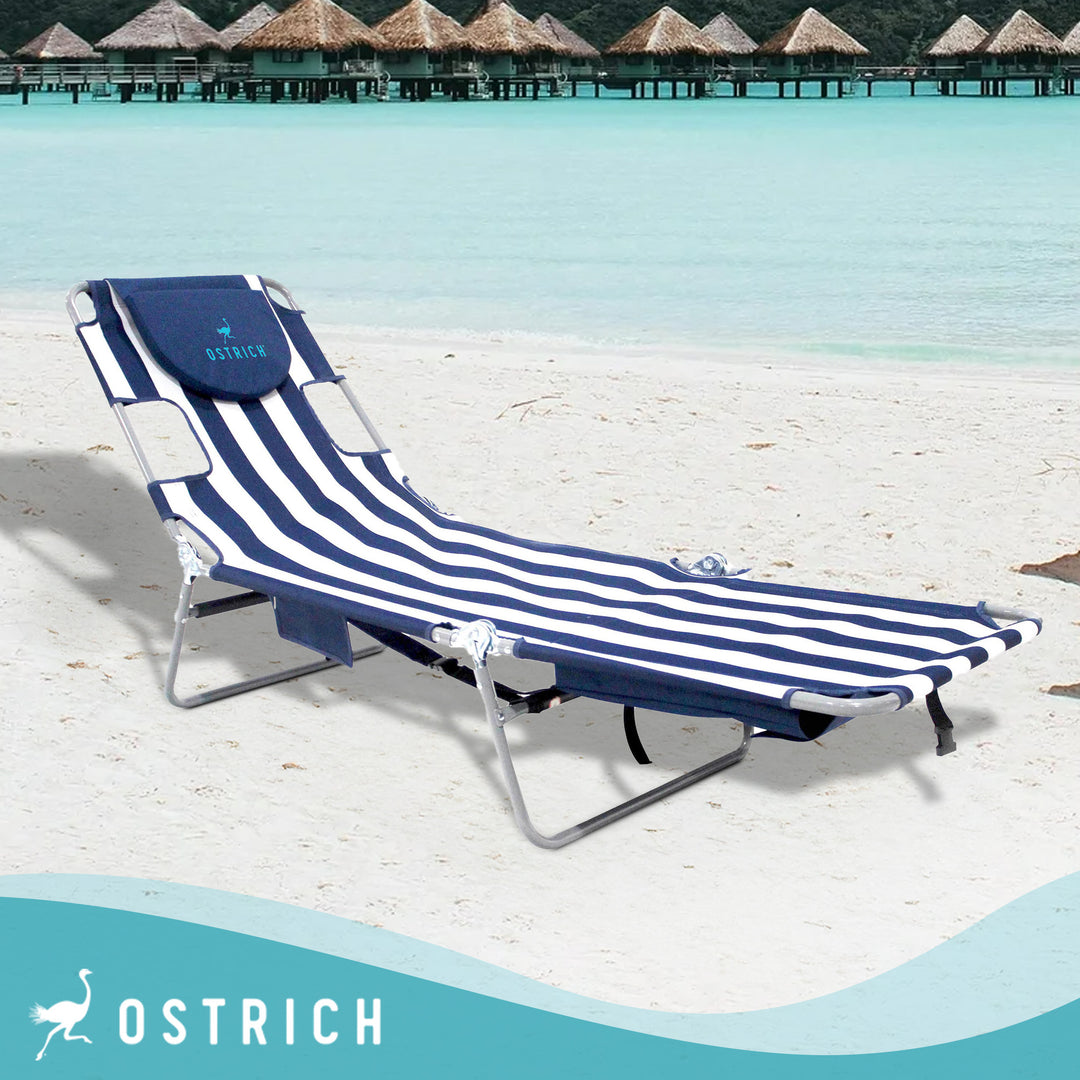 Ostrich Chaise Lounge Folding Sunbathing Beach Chair, Navy Stripes (For Parts)