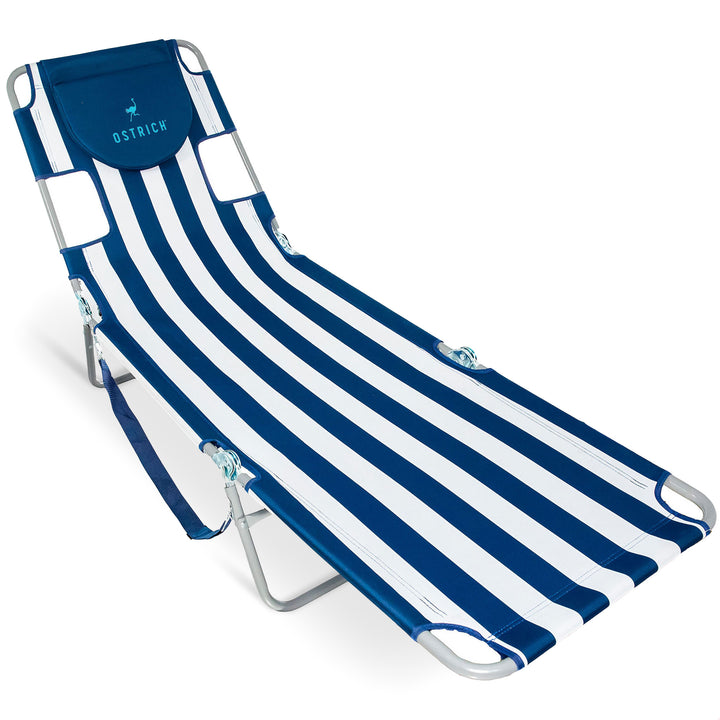 Ostrich Chaise Lounge Folding Sunbathing Beach Chair, Navy Stripes (For Parts)
