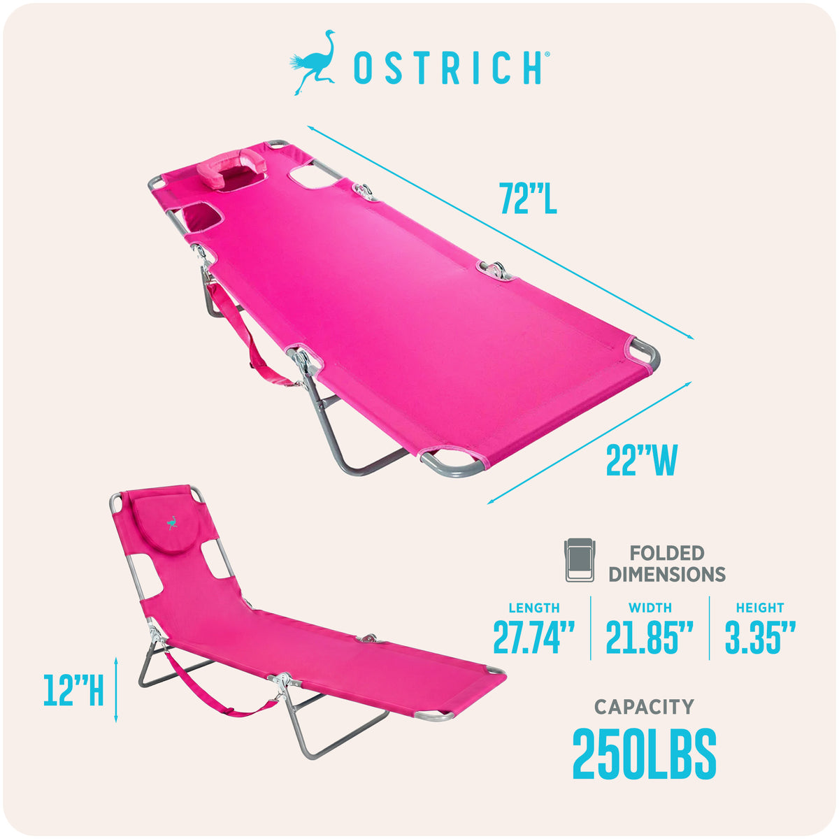 Ostrich Chaise Lounge, Facedown Beach Camping Pool Tanning Chair, Pink (Used)