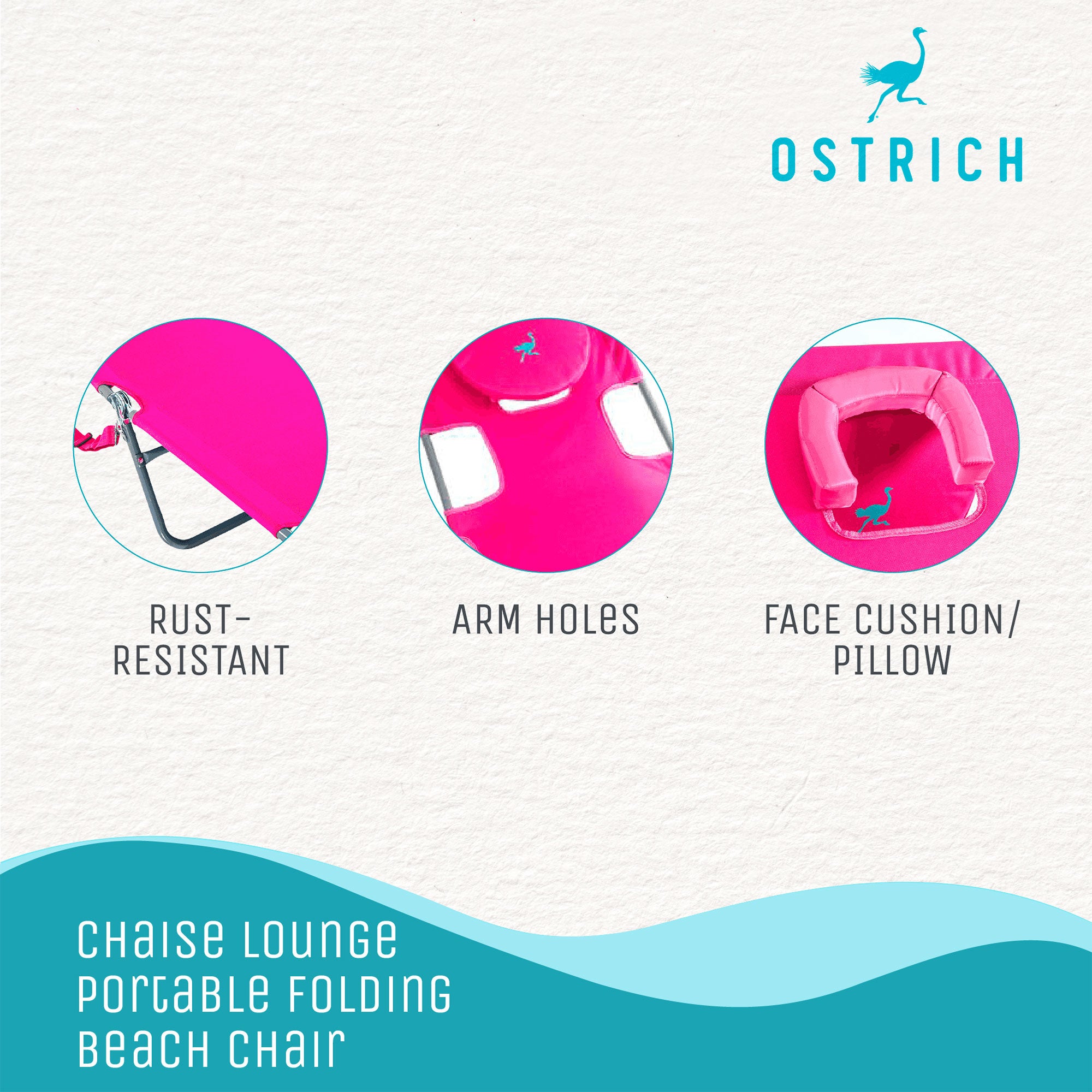 Ostrich Altitude 3N1 Recline Beach Chair and Chaise Beach Lounger Chair, Pink