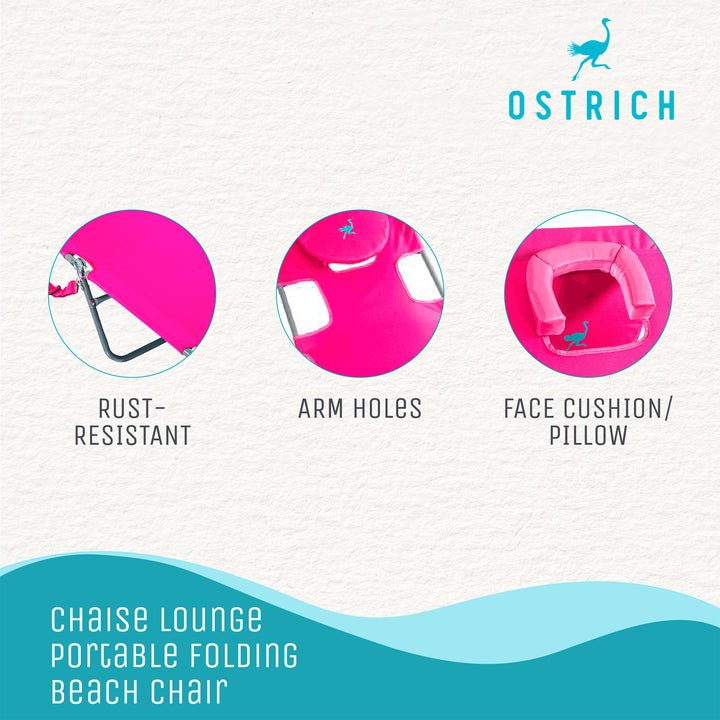 Ostrich Chaise Lounge, Facedown Beach Camping Pool Tanning Chair, Pink (Used)