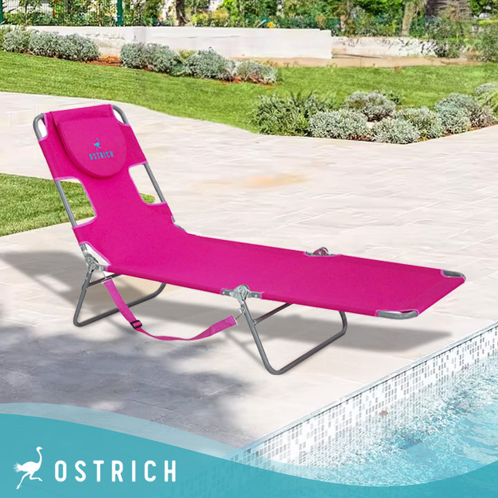Ostrich Chaise Lounge, Facedown Beach Camping Pool Tanning Chair, Pink (Used)