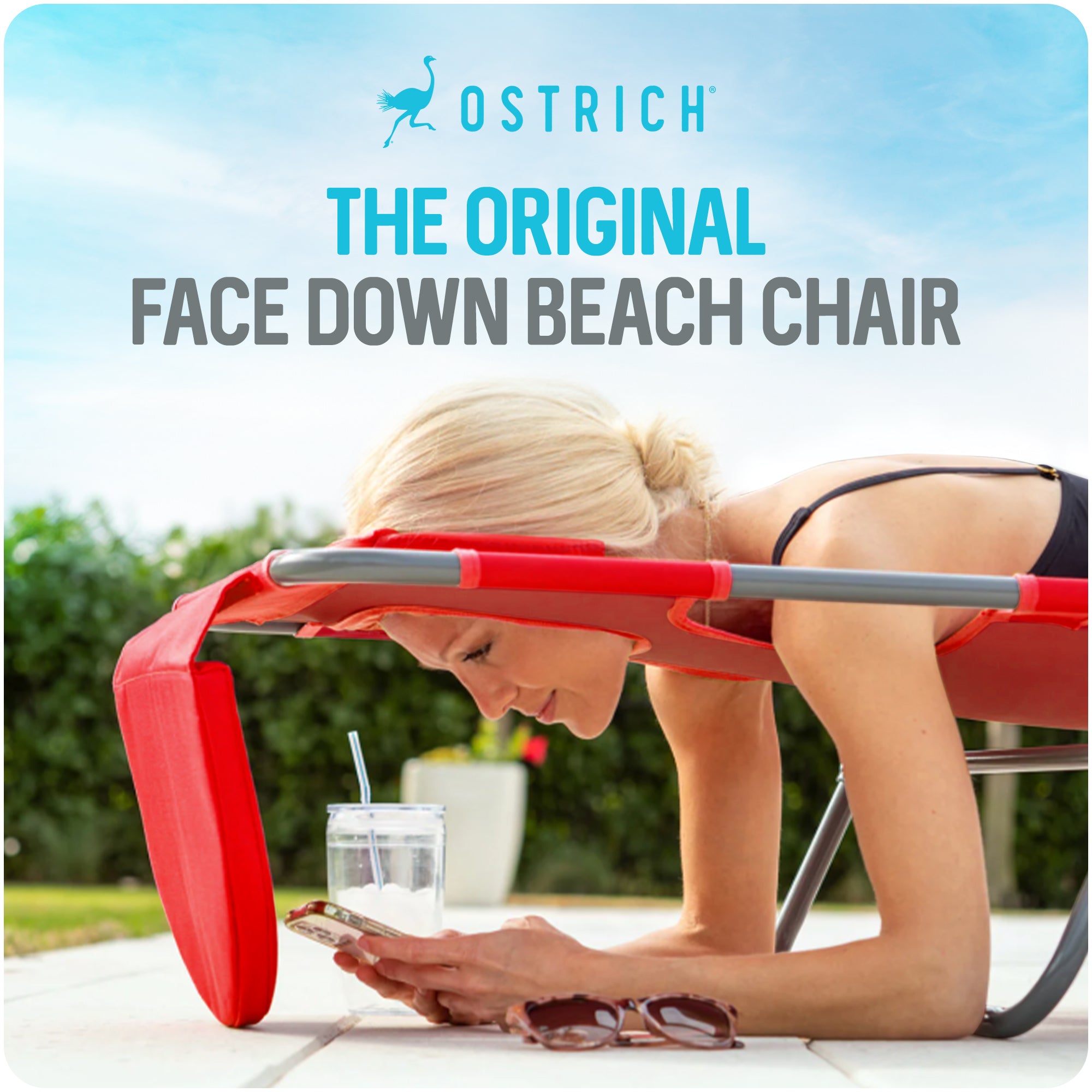 Ostrich Chaise Lounge Folding Sunbathing Poolside Beach Chair, Red (For Parts)