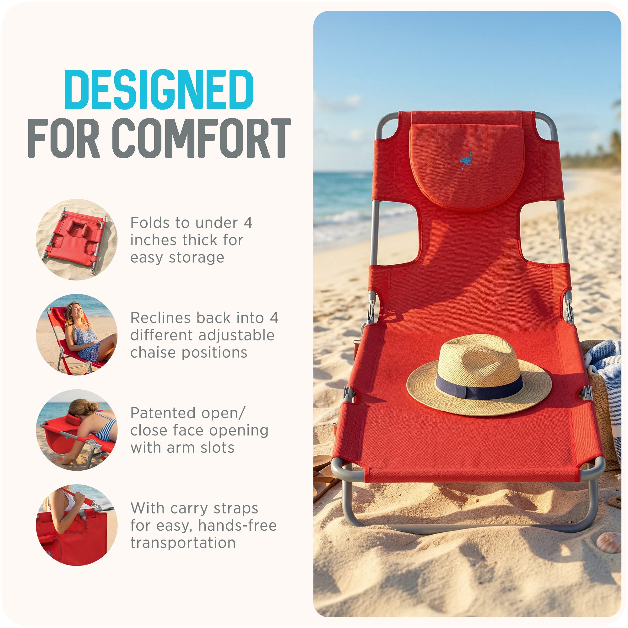Ostrich Chaise Lounge Folding Sunbathing Poolside Beach Chair, Red (For Parts)