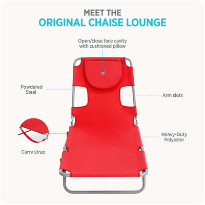 Ostrich Chaise Lounge, Facedown Beach Camping Pool Tanning Chair, Red (Used)