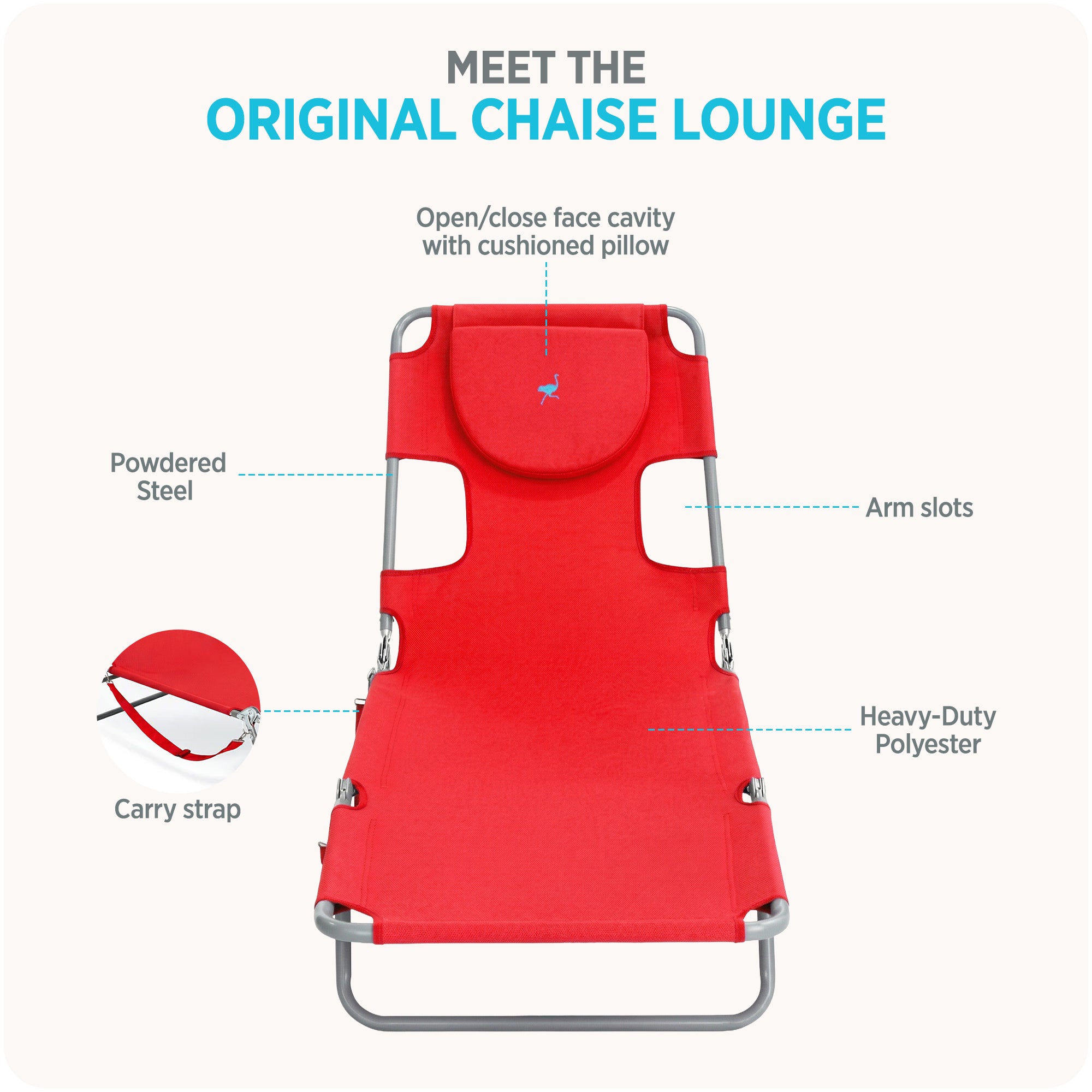 Ostrich Chaise Lounge Folding Sunbathing Poolside Beach Chair, Red (For Parts)