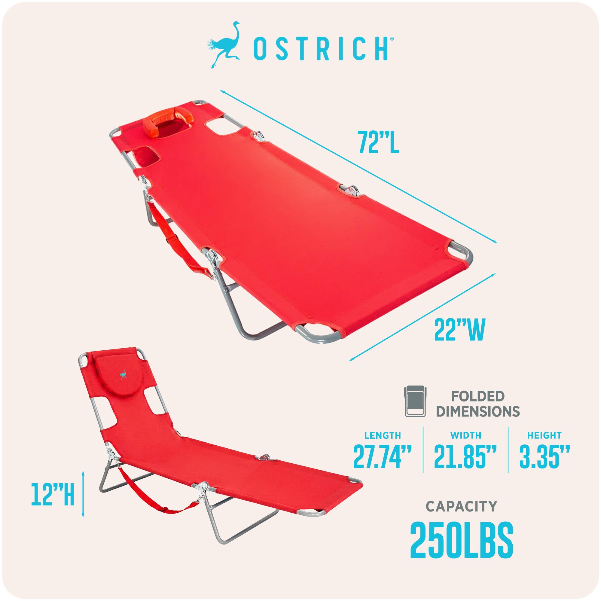 Ostrich Chaise Lounge Folding Sunbathing Poolside Beach Chair, Red (For Parts)