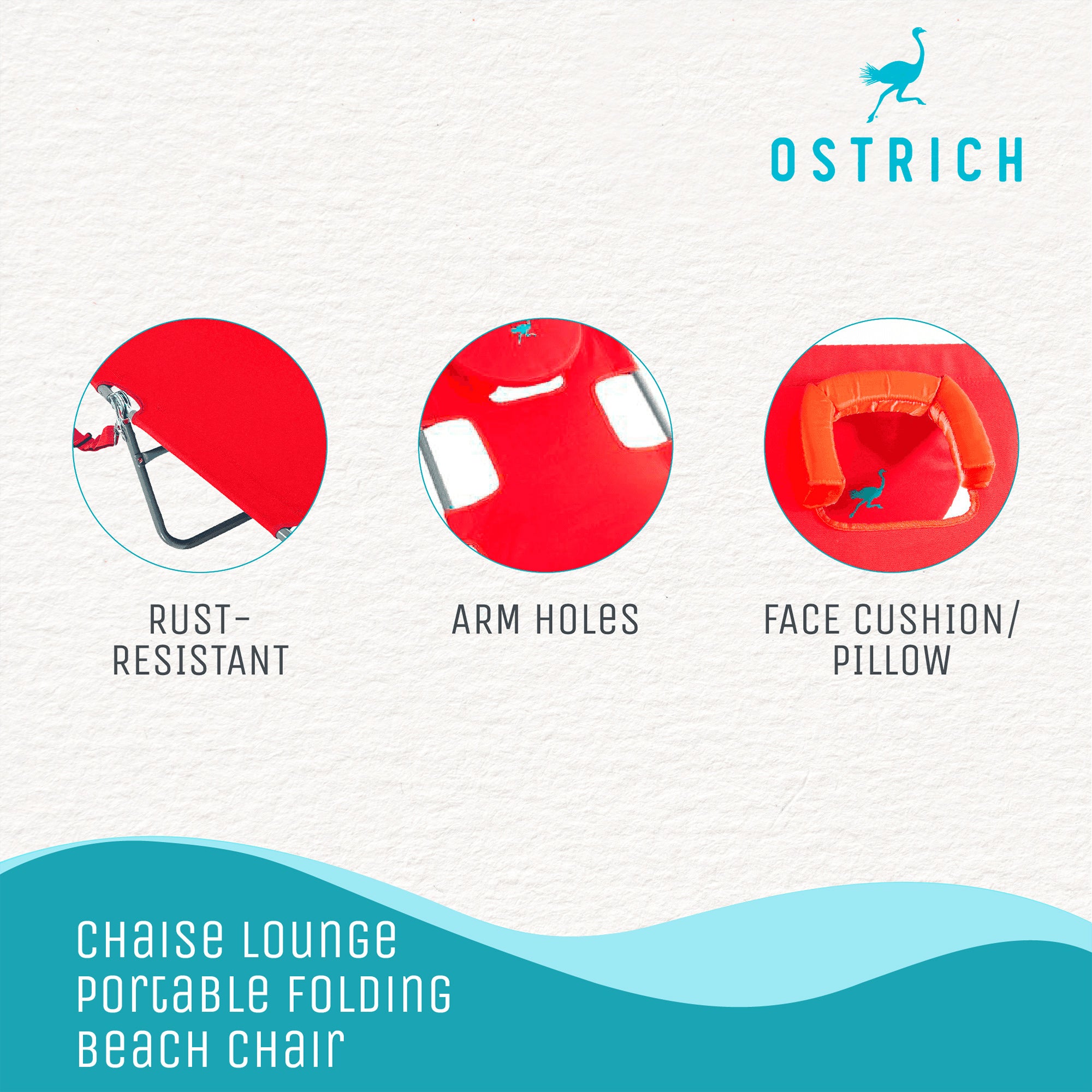 Ostrich Chaise Lounge, Facedown Beach Camping Pool Tanning Chair, Red (Open Box) - VMInnovations