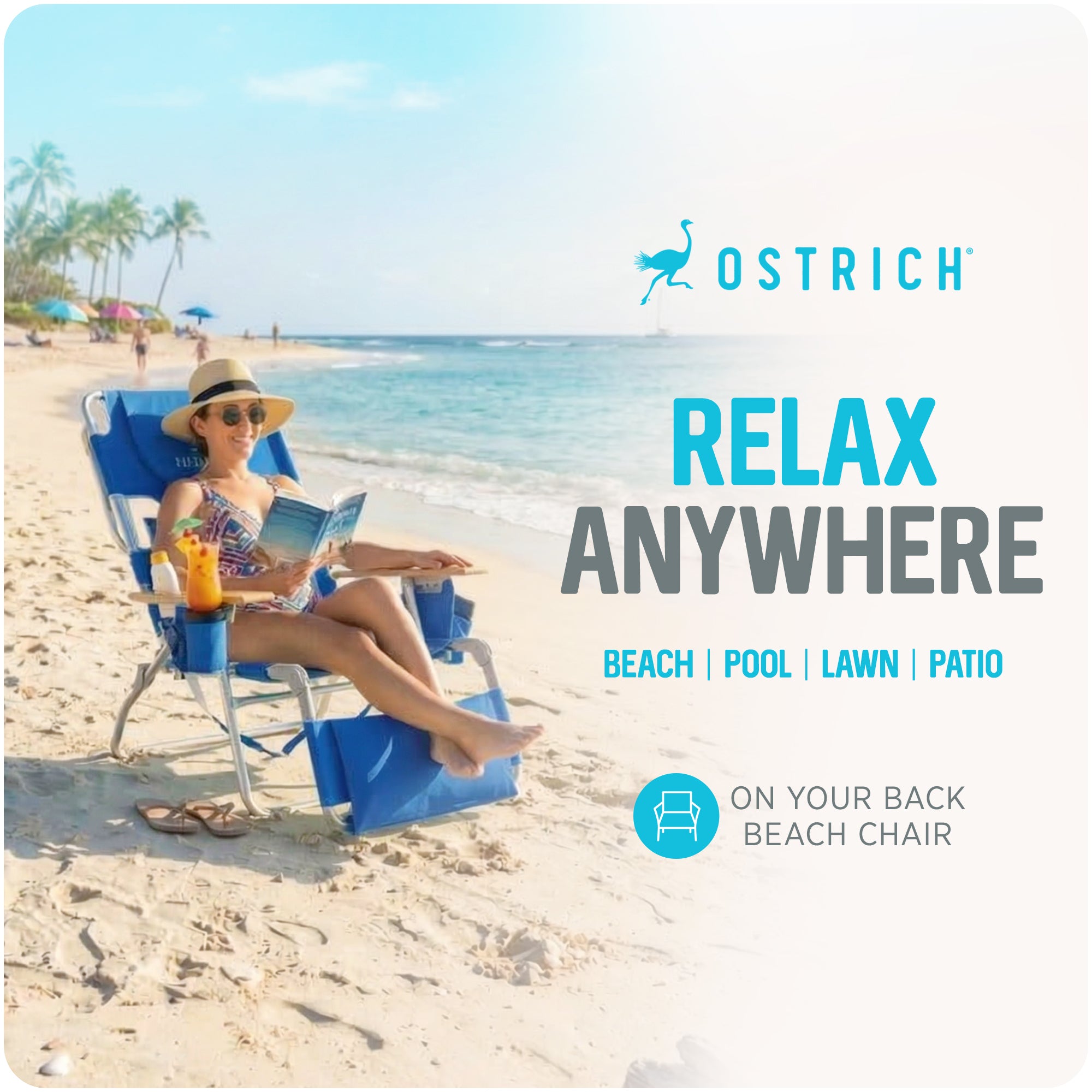 Ostrich Deluxe Padded 3-N-1 Outdoor Lounge Reclining Beach Chair, Blue (Damaged)
