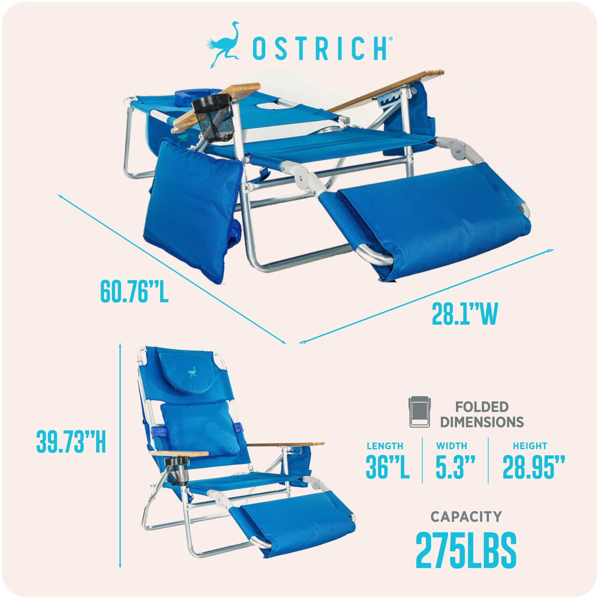 Ostrich Deluxe Padded 3-N-1 Outdoor Lounge Reclining Beach Chair, Blue (Damaged)