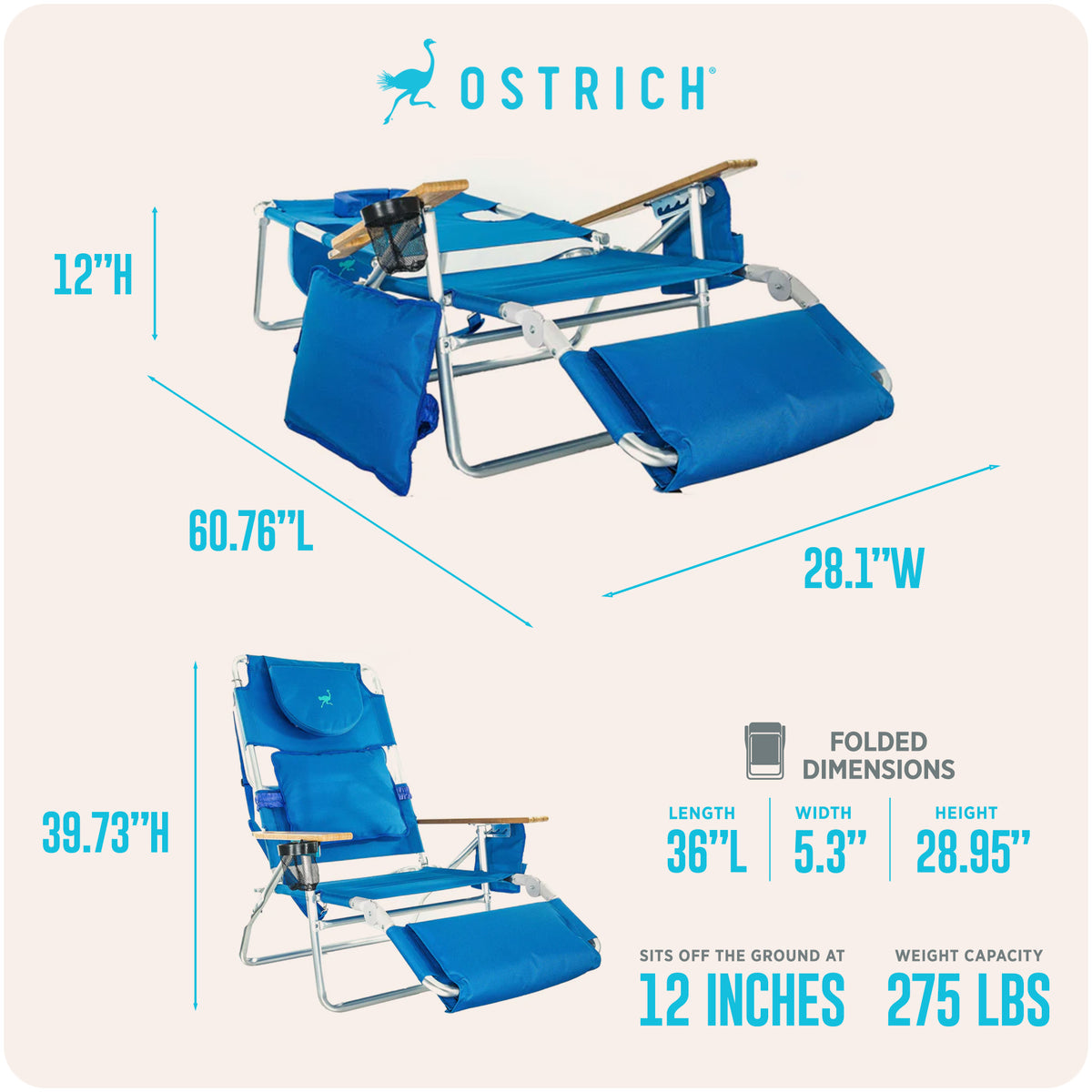 Ostrich Deluxe 3N1 Lightweight Outdoor Beach Lounge Chair & Custom Fitted Towel