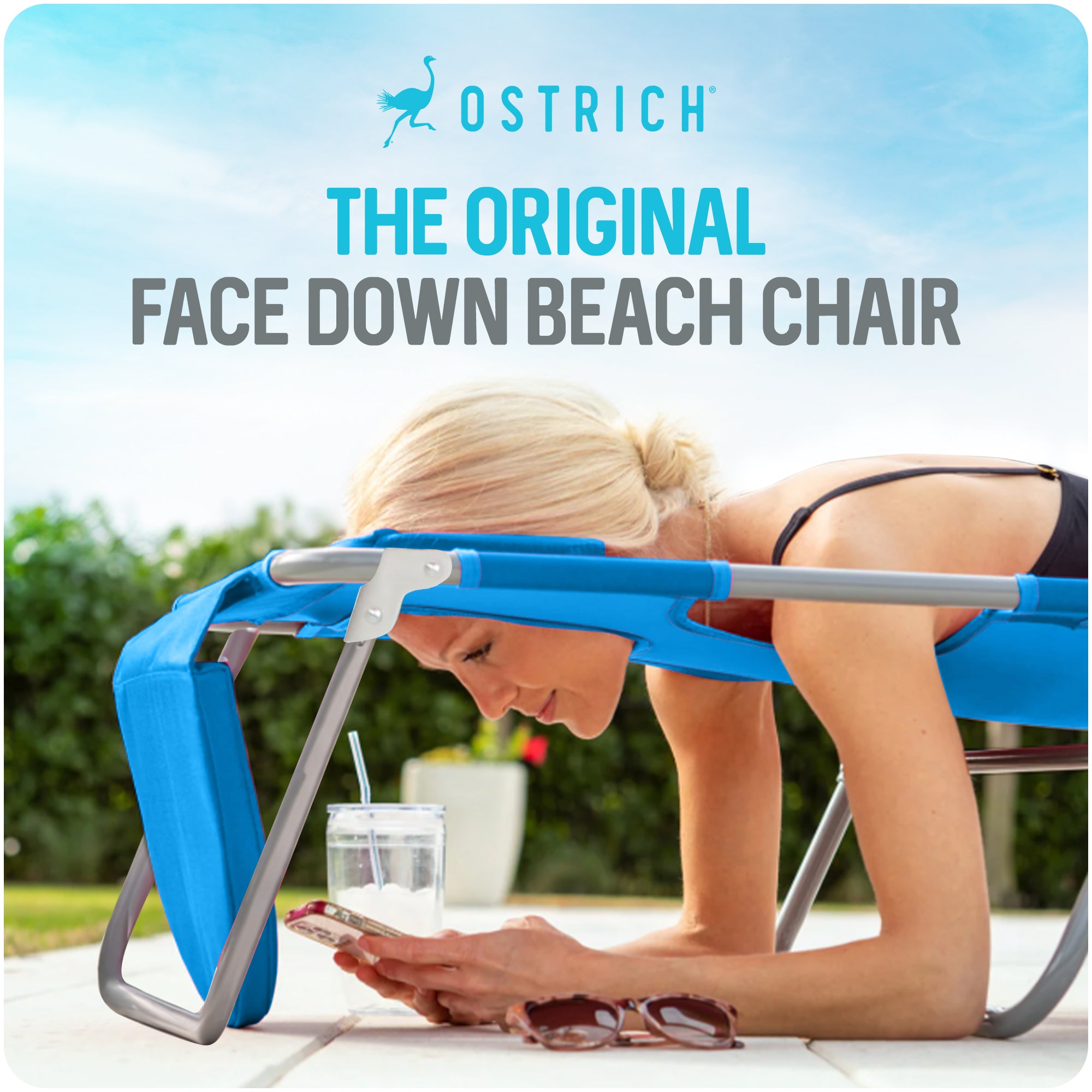 Ostrich Deluxe 3N1 Outdoor Lawn Beach Lounge Chair w/Footrest, Blue (Open Box)