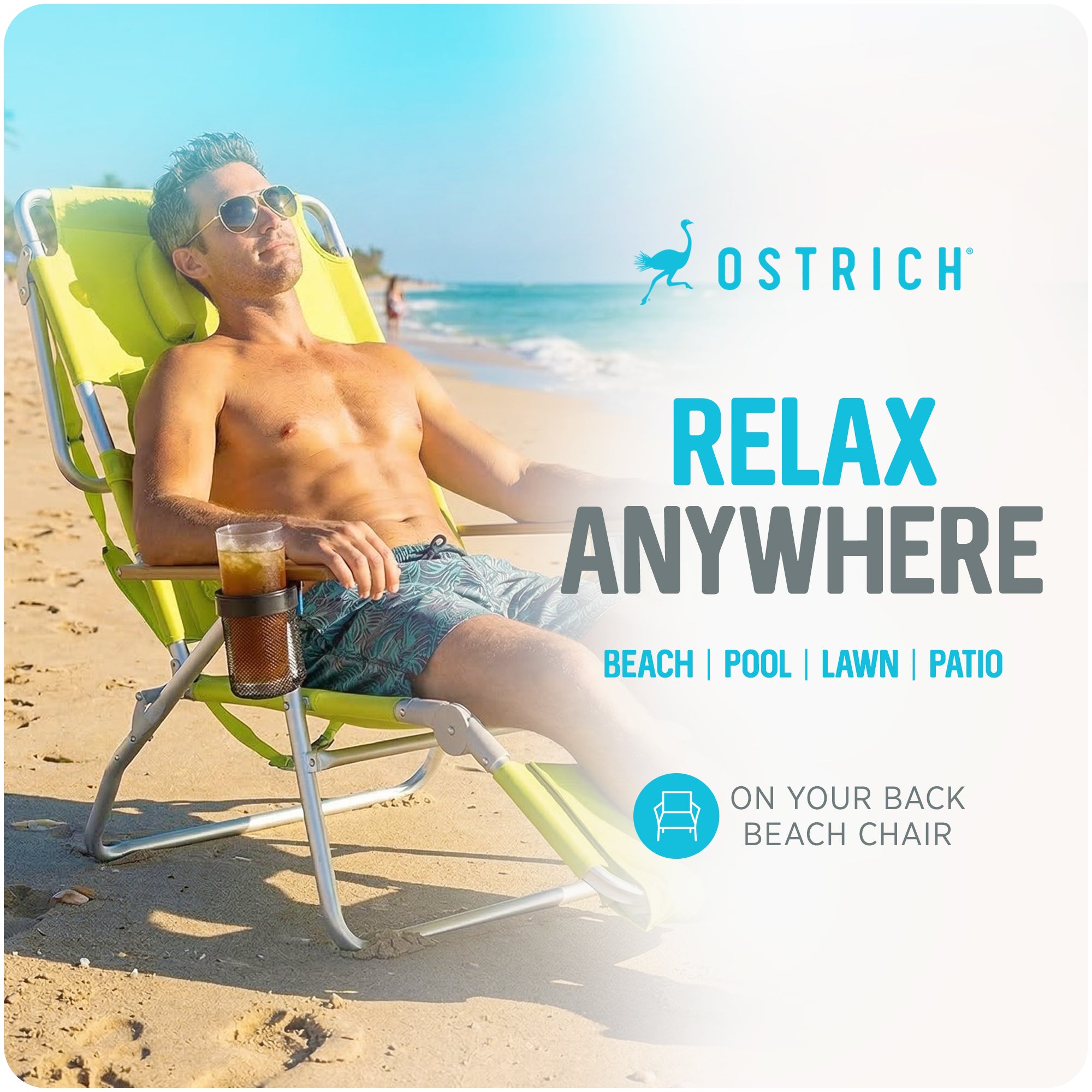 Ostrich Padded 3-N-1 Outdoor Lounge Reclining Beach Chair, Lime Green (Used)
