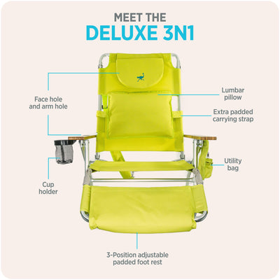 Ostrich The Deluxe 3N1 Lightweight Outdoor Beach Lounge Chair w/ Footrest, Lime