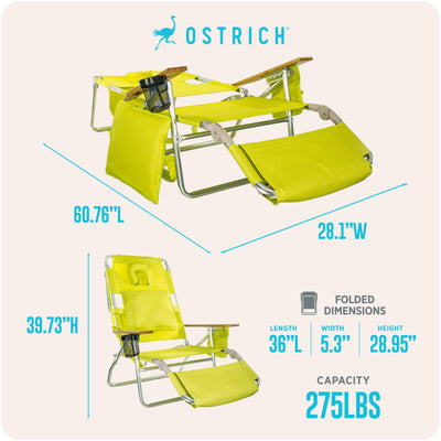 Ostrich Padded 3-N-1 Outdoor Lounge Reclining Beach Chair, Lime Green (Used)