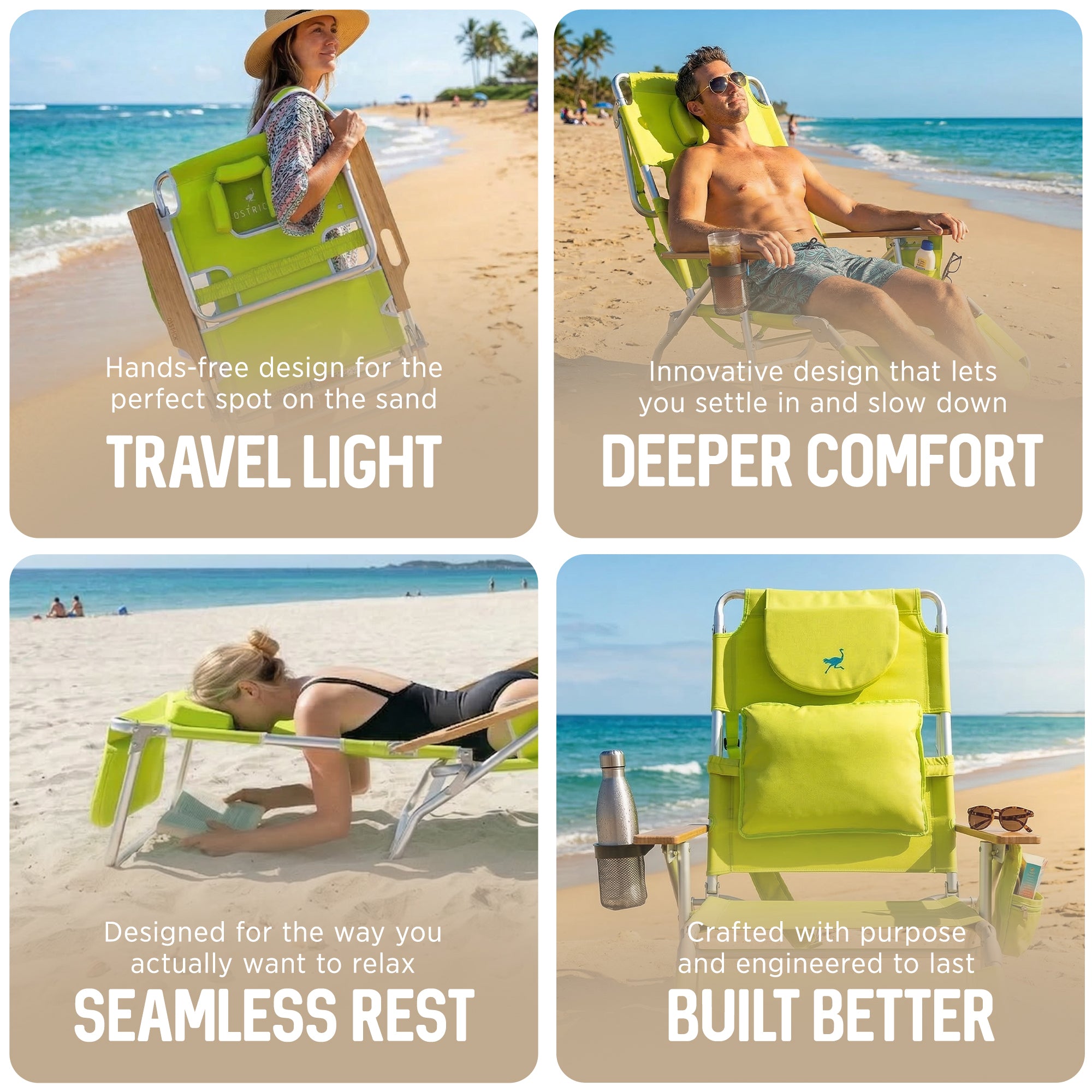 Ostrich The Deluxe 3N1 Lightweight Outdoor Beach Lounge Chair w/ Footrest, Lime