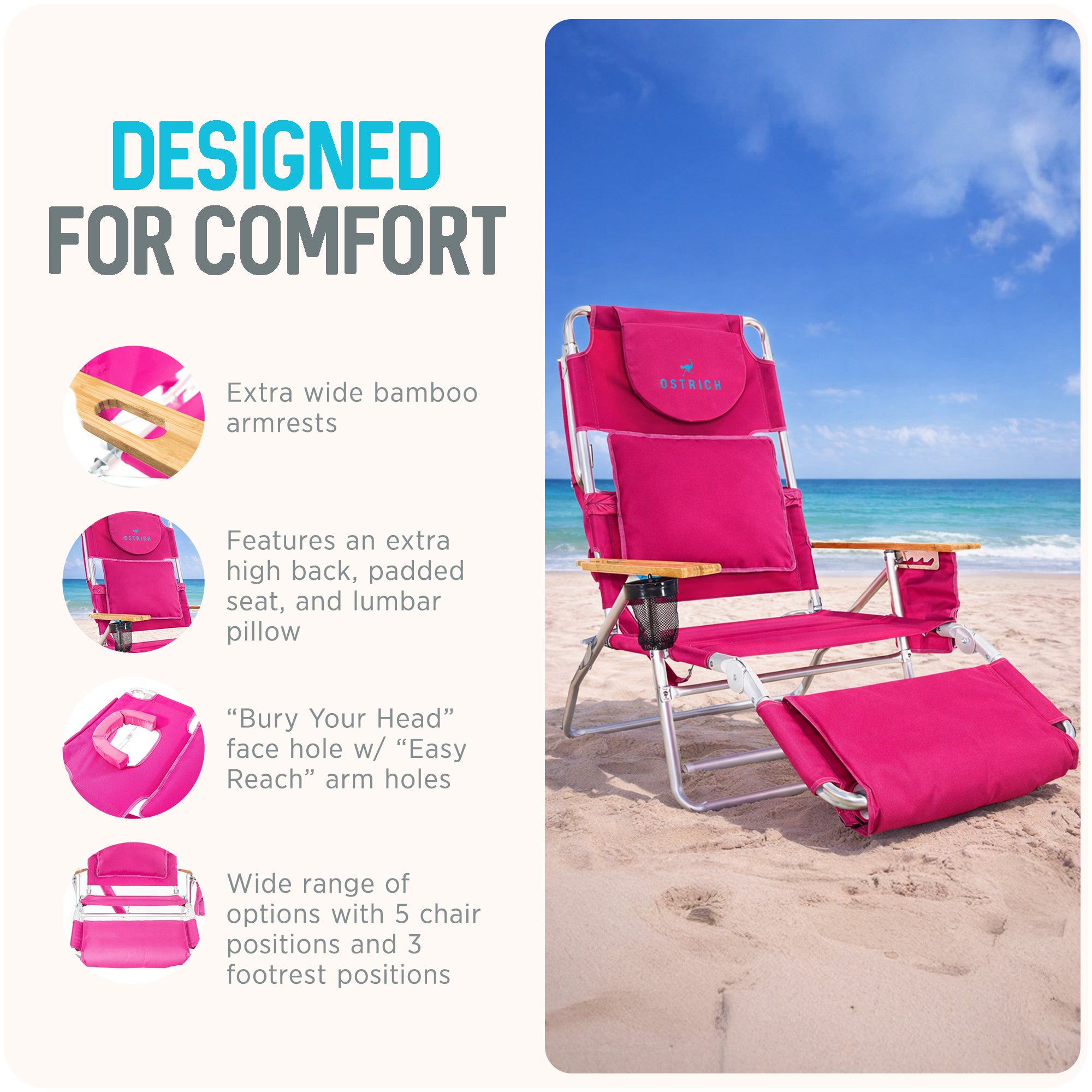 Ostrich Deluxe Padded 3-N-1 Outdoor Lounge Reclining Beach Chair, Pink (Used)