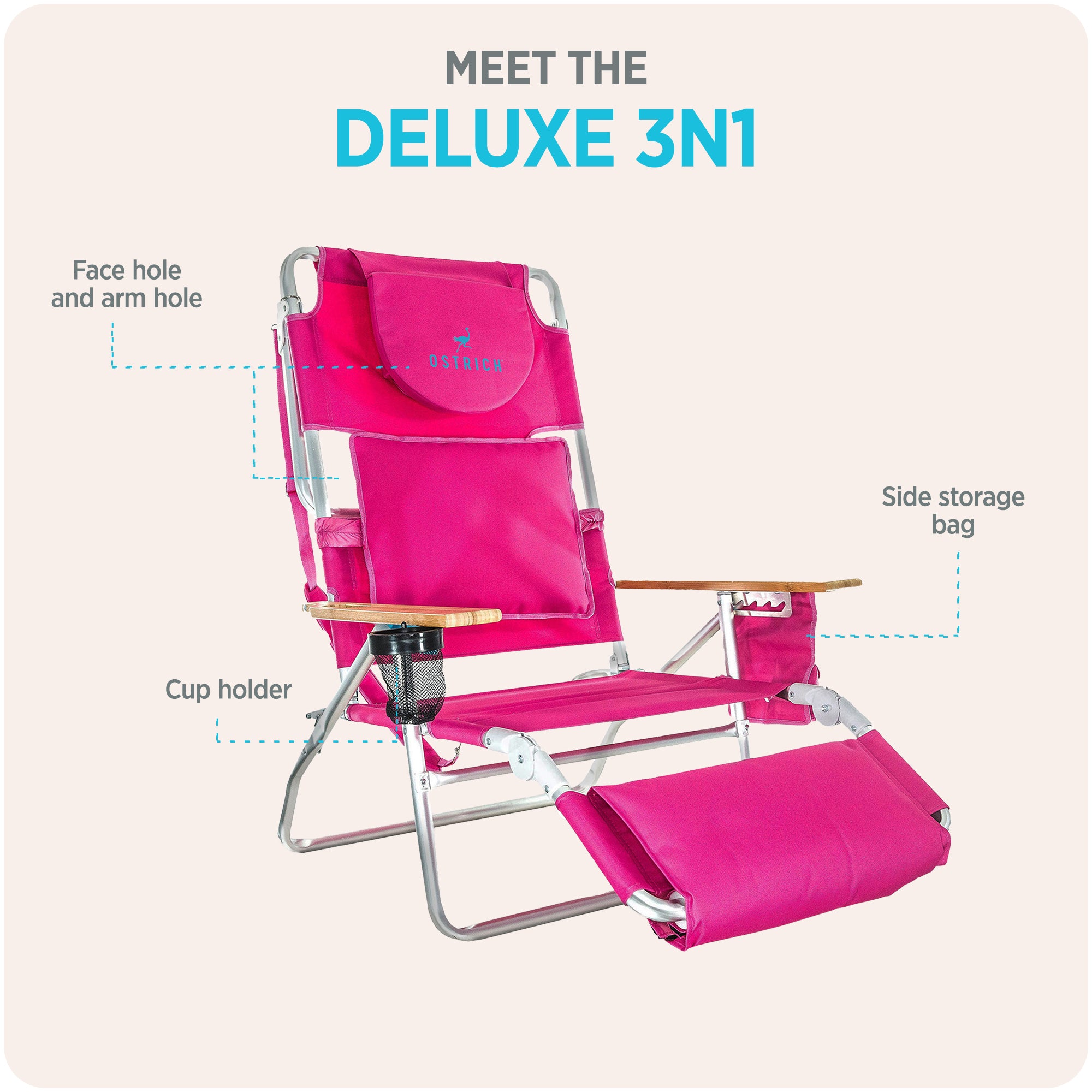 Ostrich Deluxe Padded 3-N-1 Outdoor Lounge Reclining Beach Chair, Pink (Used)