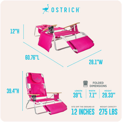 Ostrich Deluxe Padded 3-N-1 Lounge Reclining Beach Lake Chair, Pink (For Parts)