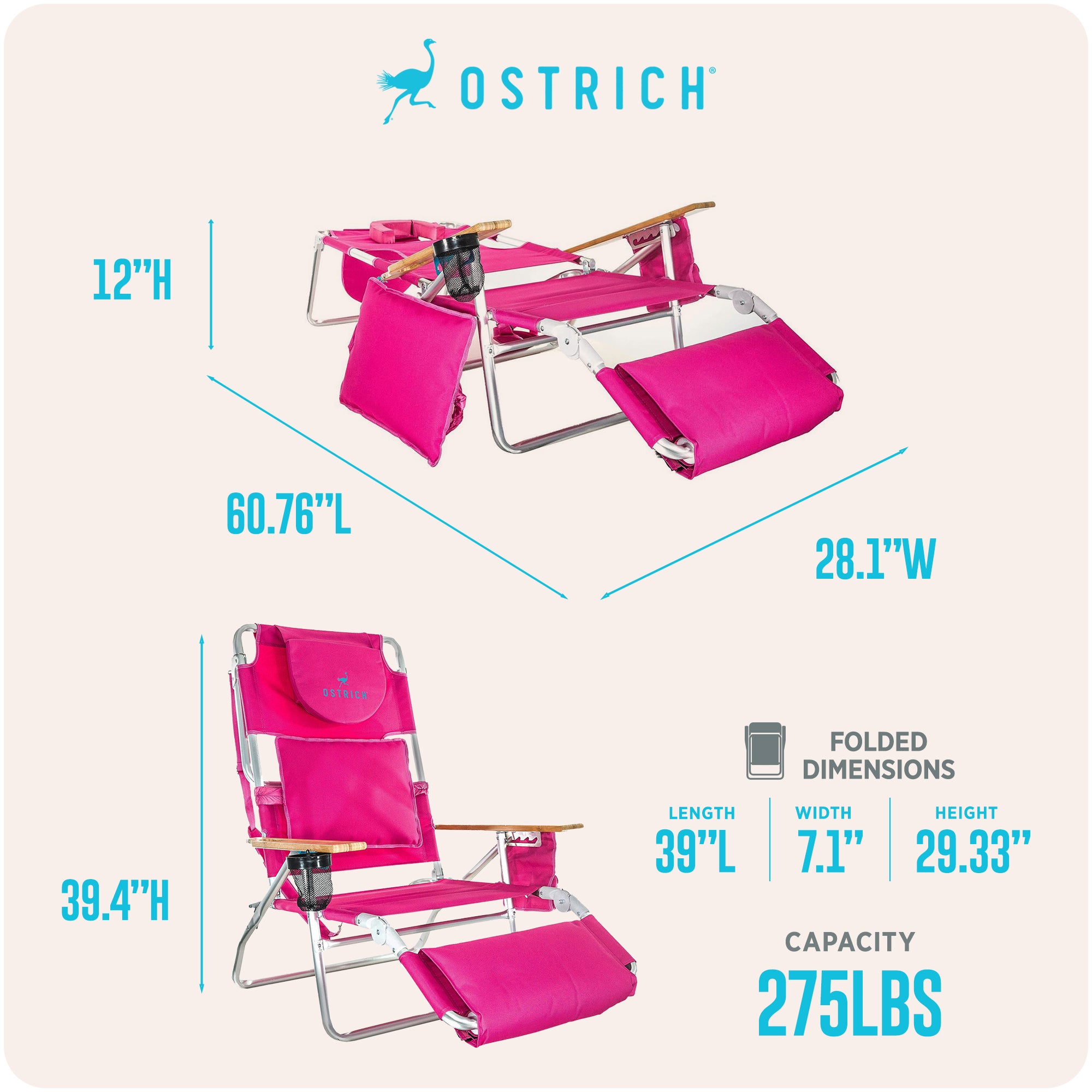 Ostrich Deluxe 3N1 Lightweight Outdoor Beach Lounge Chair w/Footrest(Open Box)